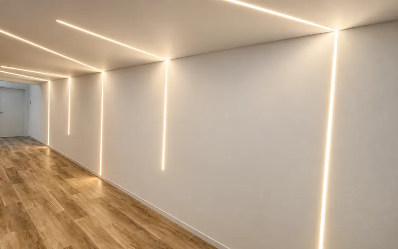 Corridoio interno e illuminazione lineare della Casa Funeraria a Solbiate Olona